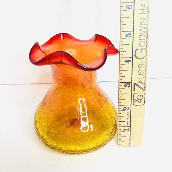 Vintage Hand Blown Rainbow Glass Co.4.5" Crackle Amberina Bud Vase Ruffled Edge - Picture 8 of 8